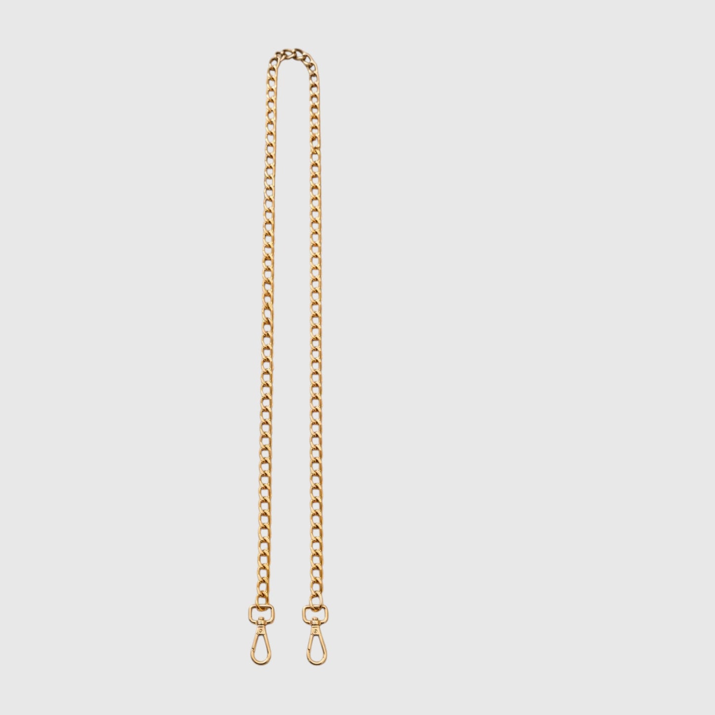A long gold-toned metal chain strap with clasp ends, displayed vertically against a solid light gray background.