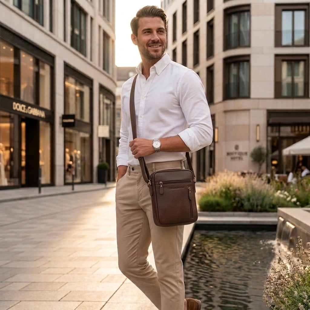 A man in a white dress shirt and beige trousers walks along a city street while wearing a brown leather crossbody messenger bag. Modern buildings and a water feature are visible in the background.