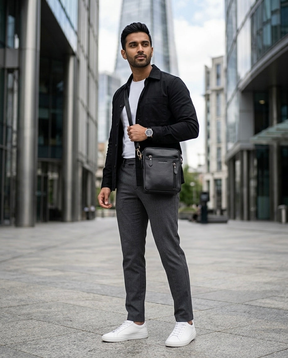 A man standing in a modern city street wearing a black zip-up jacket over a white t-shirt, dark gray trousers, and white sneakers, with a black crossbody bag slung across his chest.