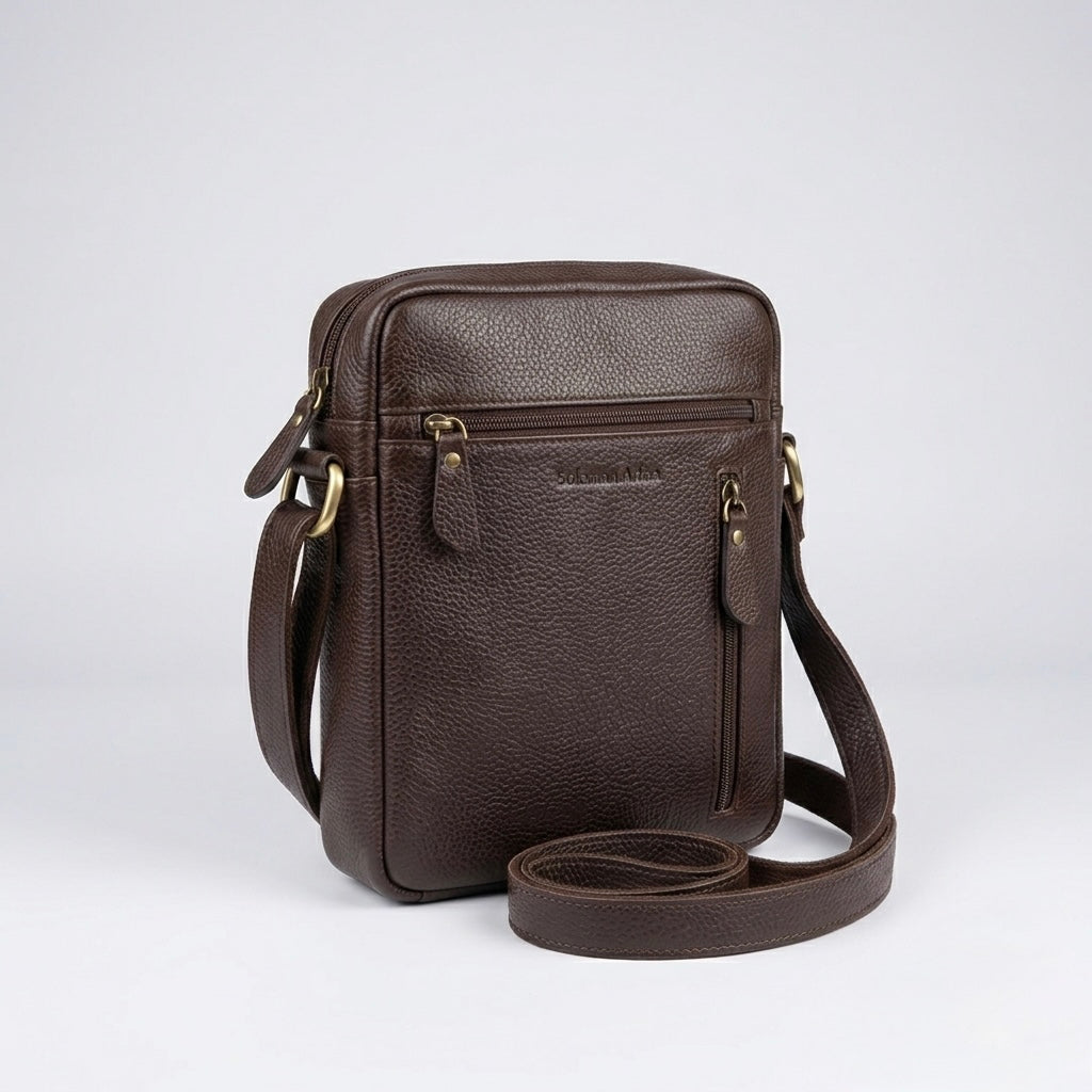 A dark brown genuine leather crossbody bag with a matching adjustable shoulder strap, displayed on a light gray background. The bag features brass-tone hardware and a subtle embossed brand name on the front.