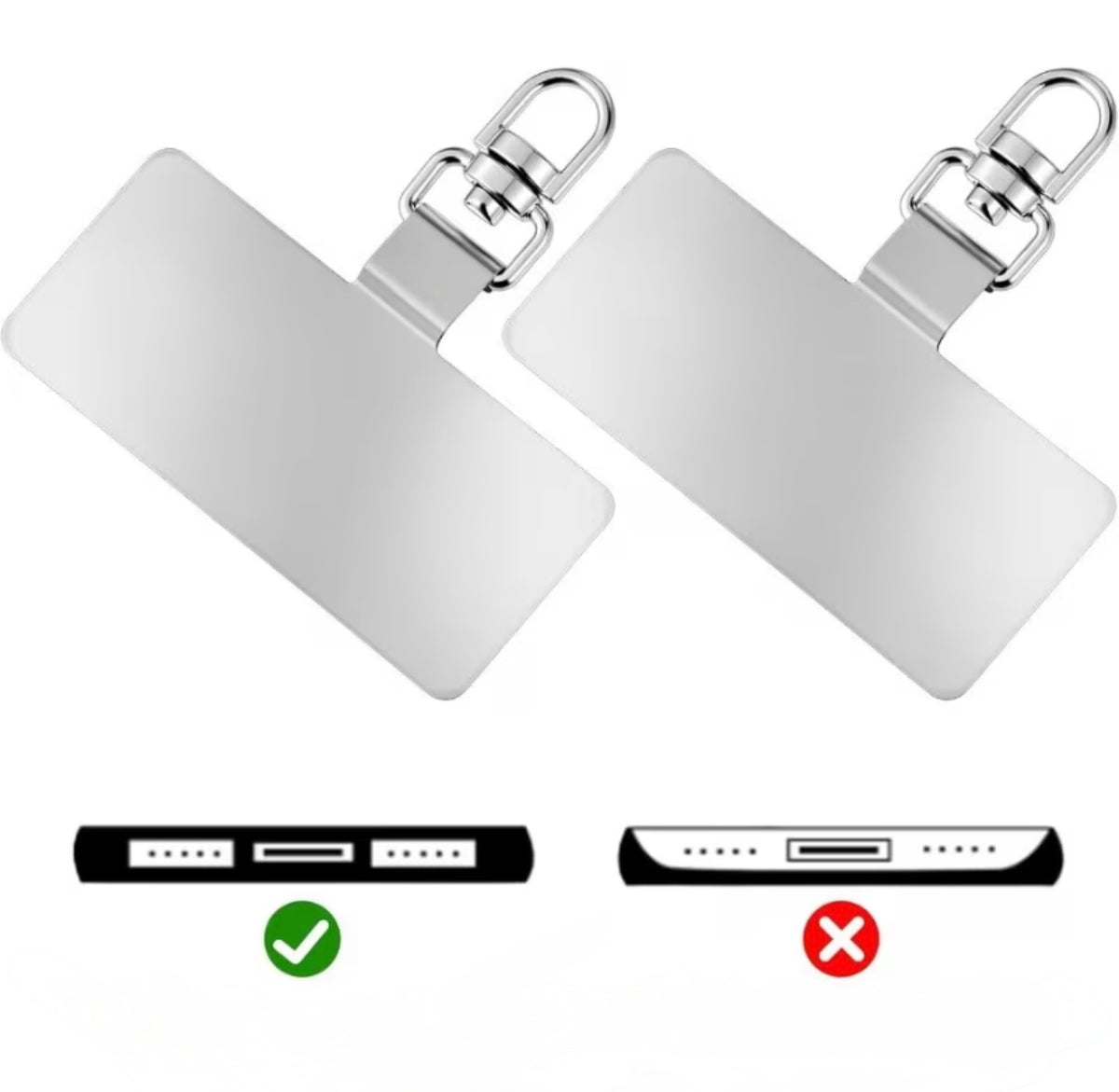 Two silver rectangular metal lanyard inserts  shown on a white background, to show correct usage for the insert indicating correct and incorrect ways to use it.