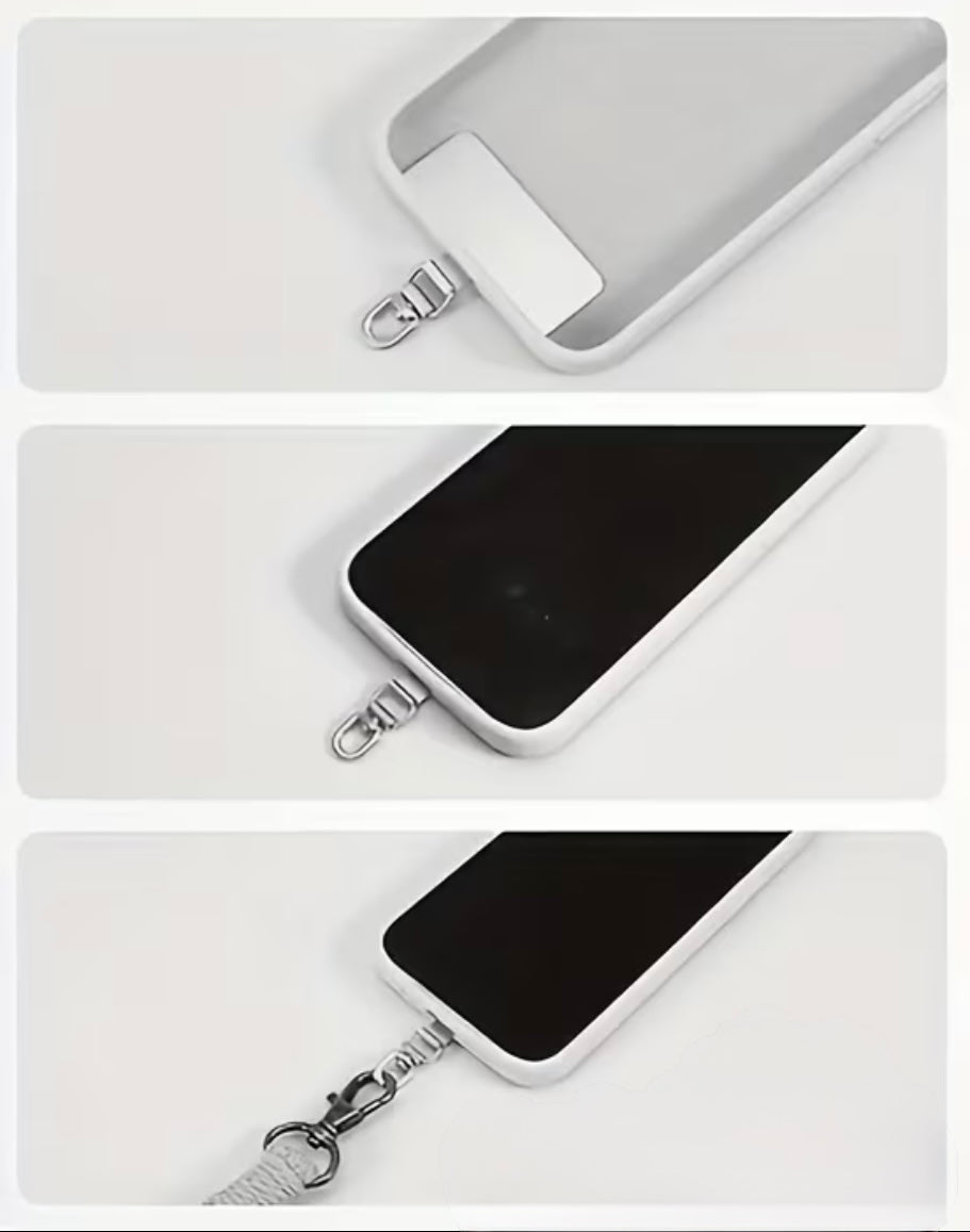 Three-panel close-up of a white smartphone case with a silver metal clasp and a white wrist strap, shown on a light gray background. The top panel shows the case by itself, the middle shows the case installed on a black phone, and the bottom shows the strap attached.