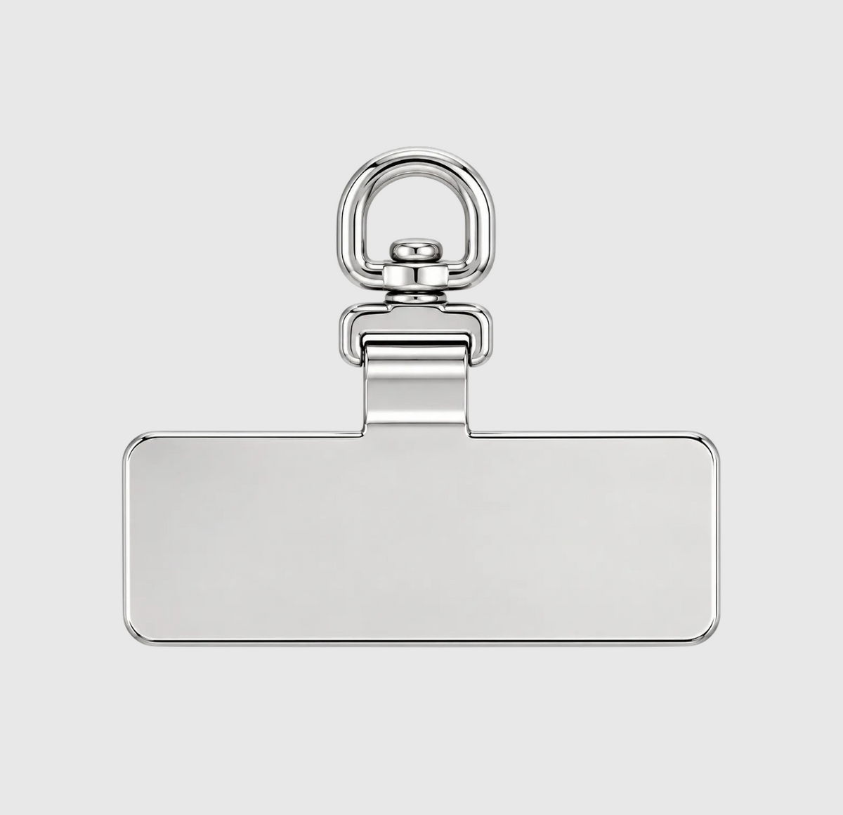 Silver colour stainless steel insert for crossbody phone strap attachment.