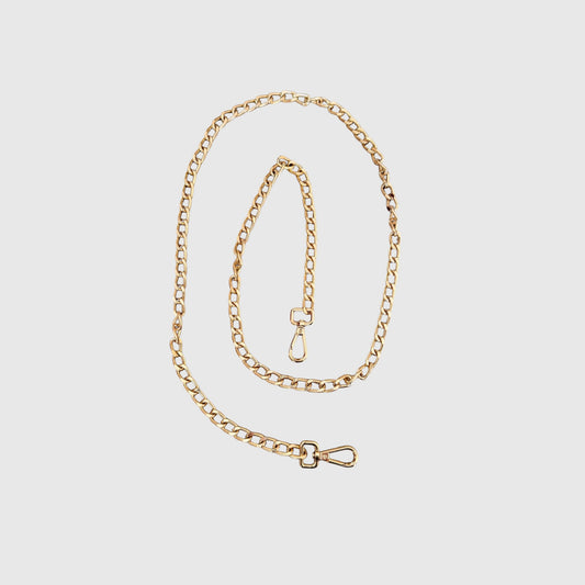 A gold-toned metal chain strap with a clasp arranged on a light gray background.