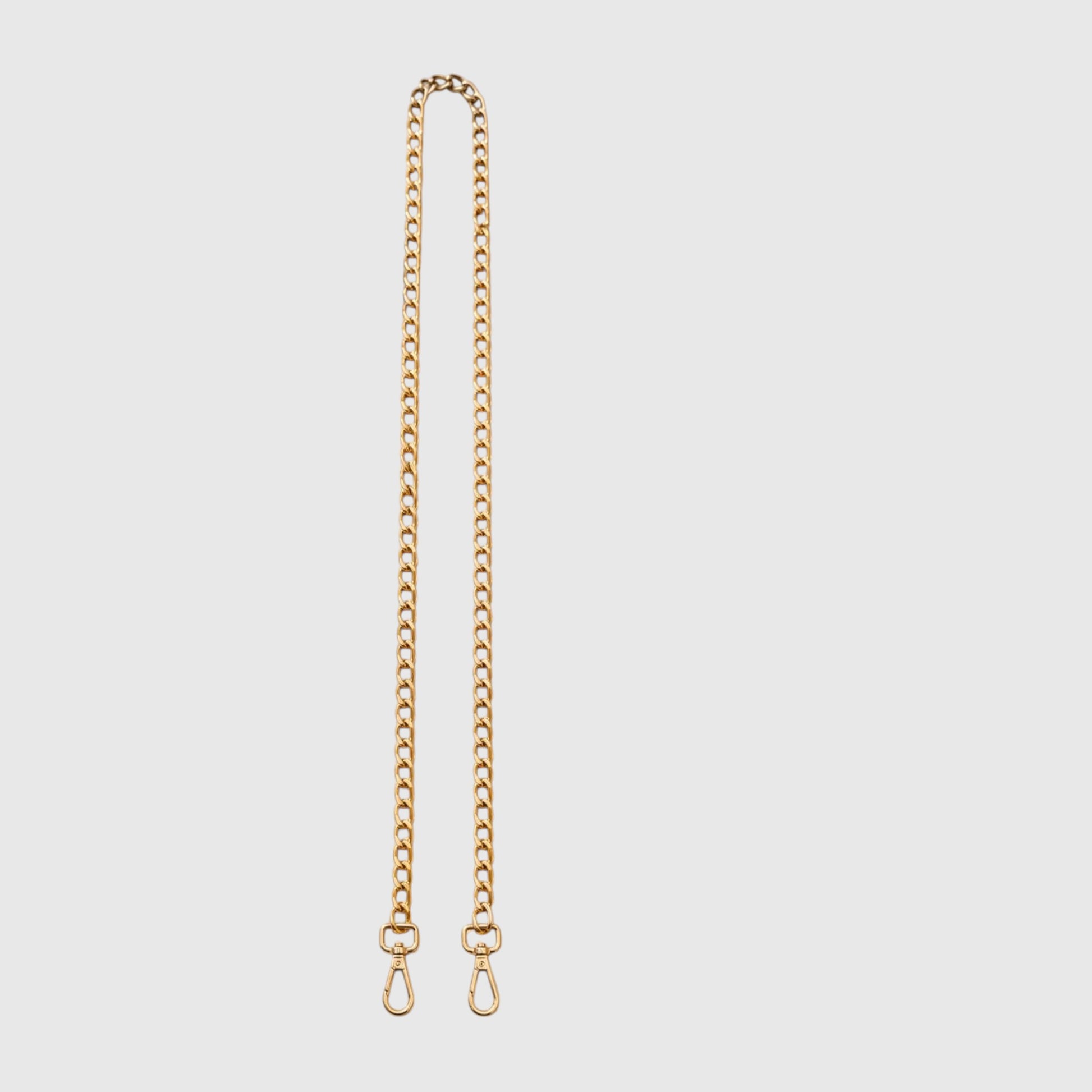 A long gold-toned metal chain strap with clasp ends, displayed vertically against a solid light gray background.
